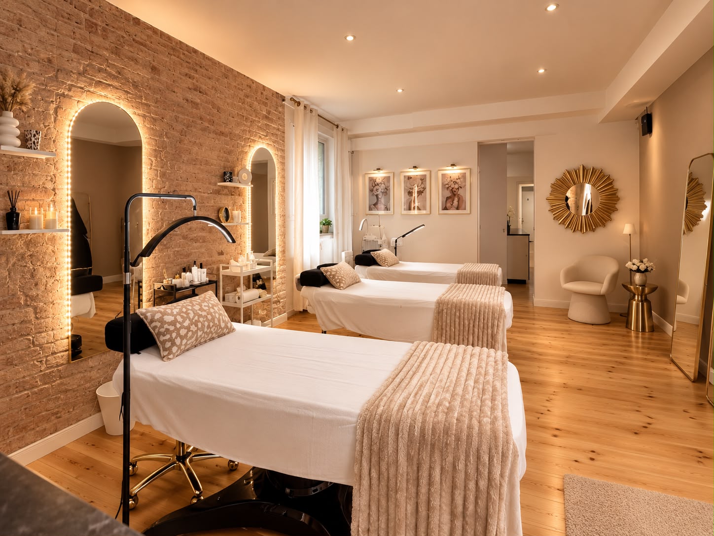 Behandlungsraum der Rüzgar Beauty Bar mit beleuchteten Bogenspiegeln und drei Liegen